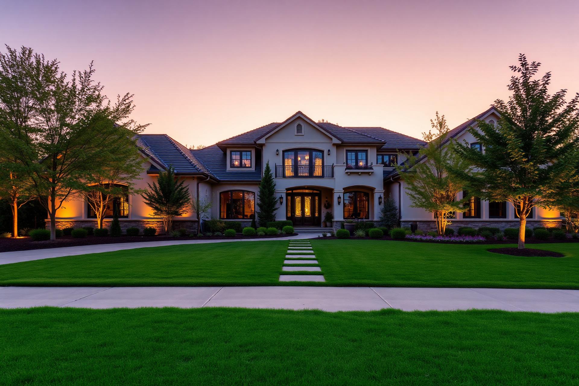 Luxury home with beautifully landscaped grounds at dusk